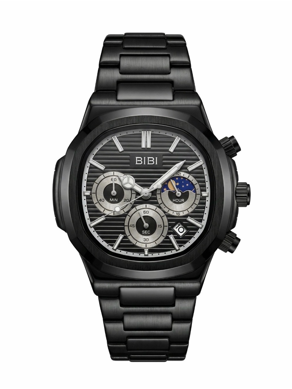 BiBi Black Stainless Steel Multi-Function Watch with Blue Moonphase Accent